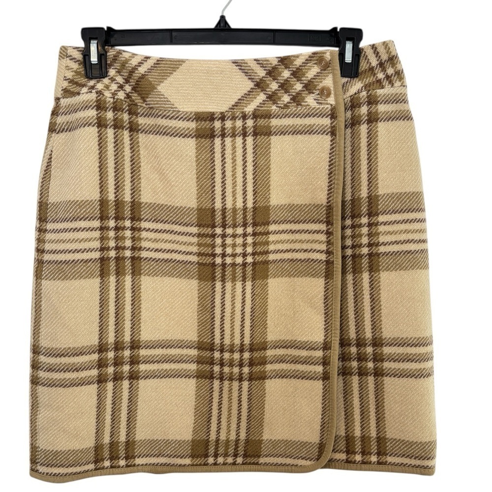 Liz Claiborne 100% Wool Wrap Skirt Size 14 Plaid Brown & Beige Lined Classic - Picture 1 of 16